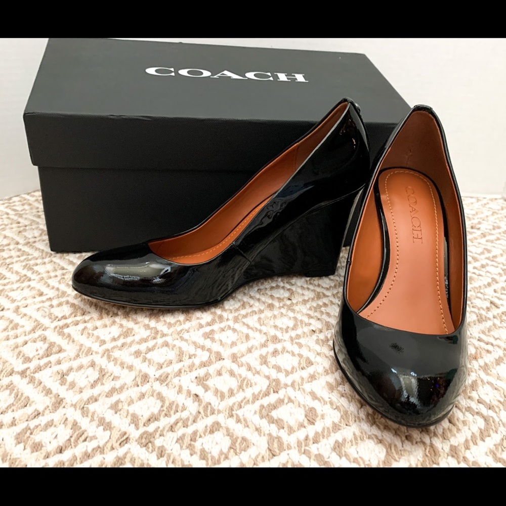 NIB Coach Black Patent Leather Wedge Pumps
